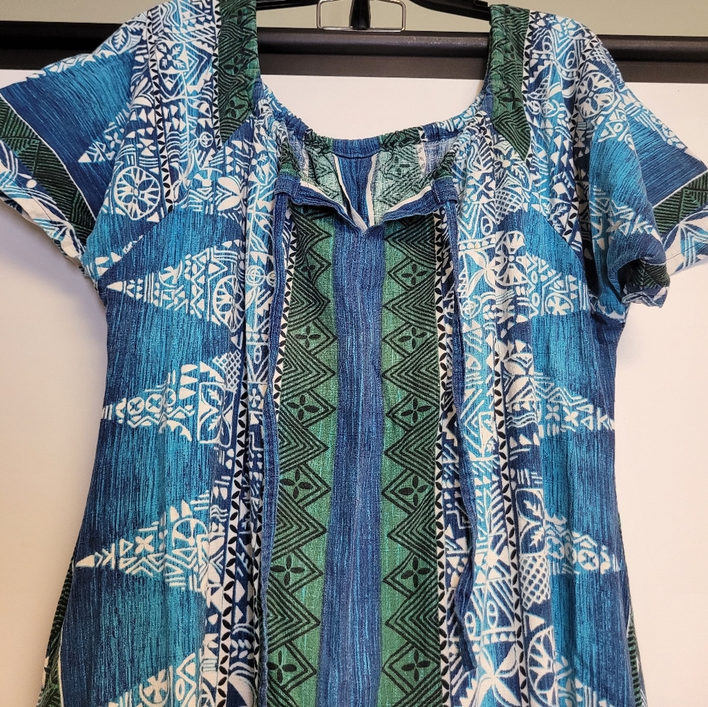 Handmade Beautiful Blue & Green Printed Bohemian Maxi Dress, Size Large - Picture 2 of 6